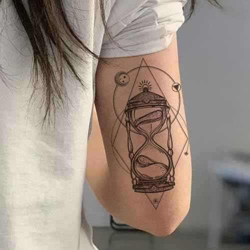 8 Sheets 3D Black Realistic Temporary Tattoos for Men Women Adults, Hand Finger Gun Hourglass Card Queen Tree Design Halloween Fake Half Arm Sleeve Tattoos Stickers Legs Kit Sets