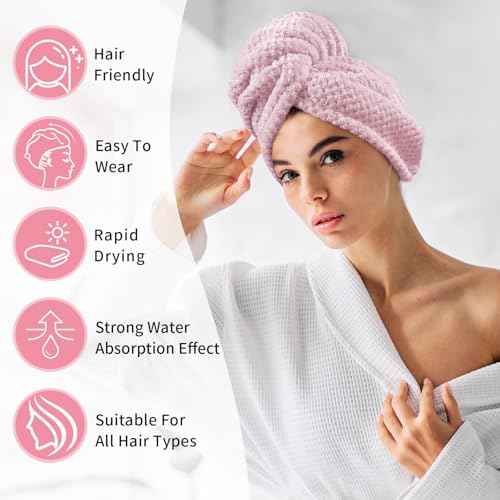 3 Pack Hair Towel Wrap for Women, 25.4" x 9.8" Microfiber Towels, Super Absorbent Quick Dry with Button for Curly Hair Anti Frizz (Pink,White,Purple)