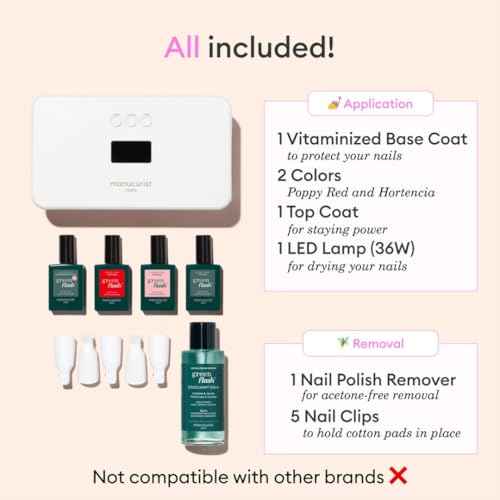 Manucurist - New Green Flash Slim Gel Nail Polish Kit - 36W LED Lamp with Base Coat + Top Coat + 2 Colors: Poppy Red Polish & Pale Pink Hortencia + Remover + Nail Clips - Christmas Gifts for Women