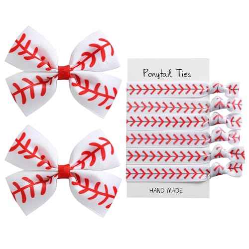 2PC Baseball Hair Bow Clips with 6PC Baseball Hair Ties for Women Girls Cheer Hair Accessories