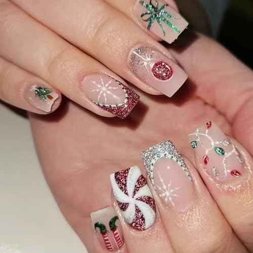 24Pcs Cute Christmas Press on Nails Medium Square French Tip Fake Nails Candy Canes Christmas Tree Light Gift Design Full Cover Xmas Glue on Nails Winter False Nails Glitter Stick on Nail for Women
