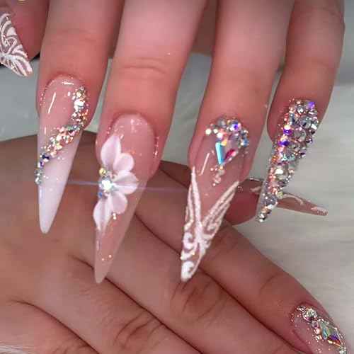 Press On Nails Almond Fake Nails Press Ons Stiletto False Nails Flower Rhinestone Acrylic Nails Glitter Bling Glue On Nails For Women 24pcs (Nude Almond Long)