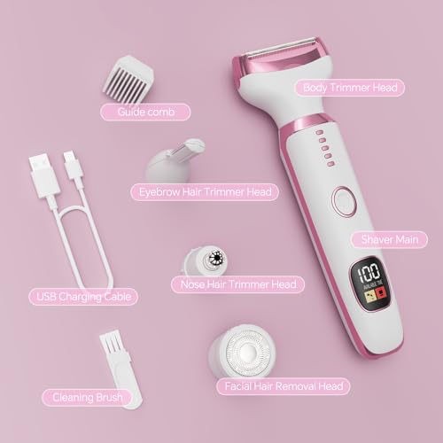 Electric Razor for Women, 4-in-1 Bikini Trimmer & Body Shaver for Nose Hair Face Eyebrow Arms Legs Armpit Underarm Pubic Area, Rechargeable Wet/Dry Painless Hair Removal