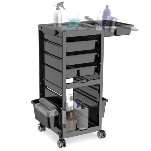 Salon Trolley Salon Cart on Wheels Rolling Tray Large Storage Salon Trolley W/Hair Dryer Holder, 4 Remove Drawers, 2 Buckets for Salon Spa Store