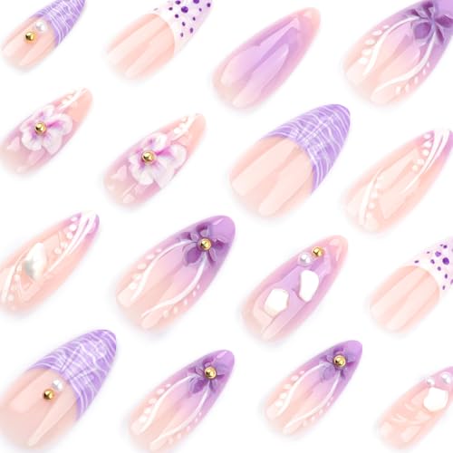24Pcs French Tip Press on Nails Almond Medium Flower Fake Nails Purple Gradient False Nails with 3D Flowers Pearl Nail Designs Luxury Glue on Nails Acrylic Artificial Nails for Women