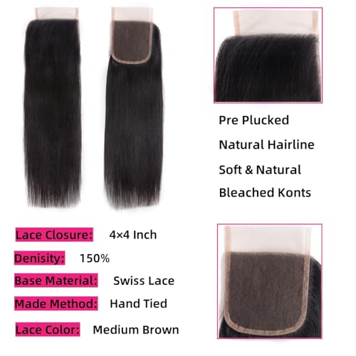 14 Inch Brazilian Straight Virgin Human Hair Extensions - 4 Bundles With Closure, 10A Unprocessed, 50g/Pcs, Natural Color (14 14 14 14 With 14 Closure)