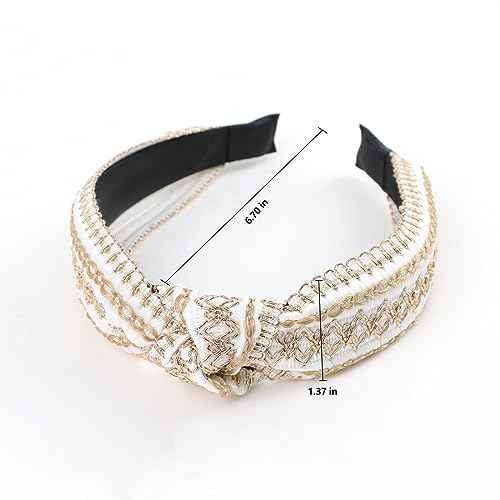 YISSION 2PCS Knotted Headbands for Women & Girls - Non Slip Wide Embroidery Boho Fashion Top Knot Headbands - Black & White Vintage Hair Accessories