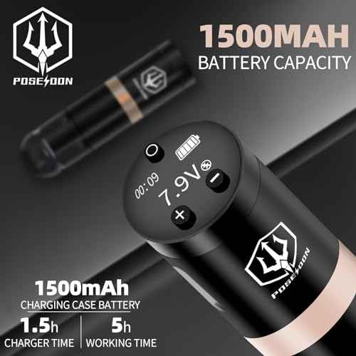 POSEIDON Cordless Rotary Tattoo Machine Kit with 20 Tattoo Cartridge Needles, Ink Set & 2 Rechargeable Batteries | Professional Portable Tattoo Gun for Beginners | Complete Starter Supplies(HM124)