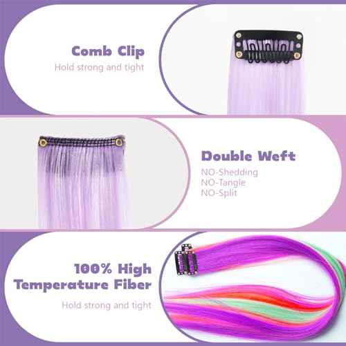 12 PCS Colored Clip in Hair Extensions - BEAHOT 20 Inches Rainbow Long Straight Hairpieces Clip in Synthetic, Halloween Cosplay Dress Up Fashion Party Christmas New Year Gift for Women Kids Girls