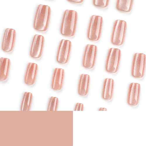 Fall Press On Nails Medium Square Girls Fake Nails with Cat's Eye Simplicity High-end Winter Press ons Design, Acrylic Artificial False Nails Press On Stick On Nails for Women