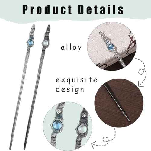 6 PCS Moonstone Hair Sticks Shinny Moonstone Metal Hairpins Vintage Chinese Style Hair Chopsticks for Women Girls Long Hair Elegant Hair Accessories