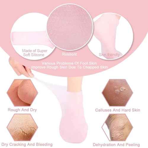 4 Pairs Silicone Moisturizing Glove Socks Set for Dry Cracked Feet and Hands, Anti Slip Spa Socks Women Gel Pedicure Socks for Foot Hand Softening Foot Care After Pedicure