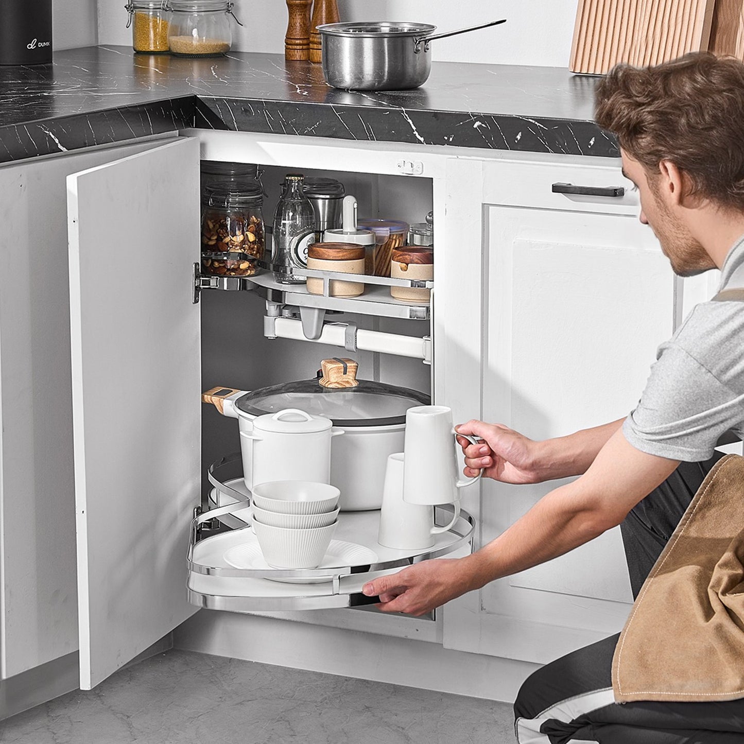 Pull-Out Kitchen Corner Cabinet Organizer - White Soft Close