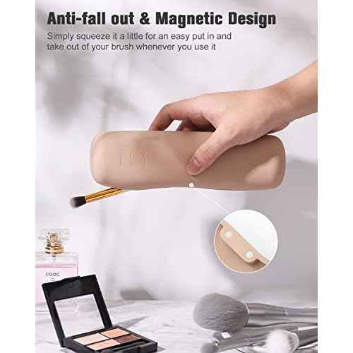 FERYES Large Travel Makeup Brush Holder, Magnetic Anti-fall Out Silicon Portable Cosmetic Face Brushes Holder, Soft and Sleek Makeup Tools Organizer for Travel- (8.27 * 2.36 * 1.57)
