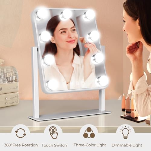 Hollywood Vanity Mirror with Lights,Tabletop Makeup Mirror with 9 LED Lights Smart Touch Control 3 Colors Light 360¡ÆRotation Detachable 10X Magnification