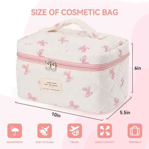 Large Travel Quilted Makeup Bag£¬Cute Bow Cotton cosmetic bag, Fashionable aesthetic makeup bag,Coquette Aesthetic Floral Travel Toiletry Bag for Women and Girls