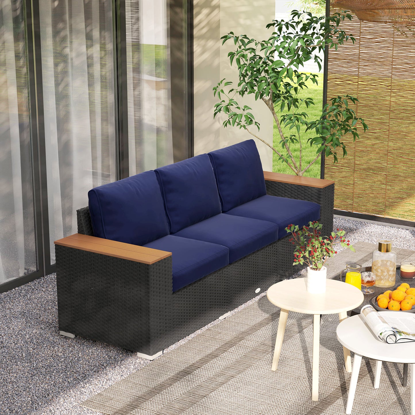 3-Seat Outdoor Patio Sofa - Navy Blue PE Wicker Couch with Cushions
