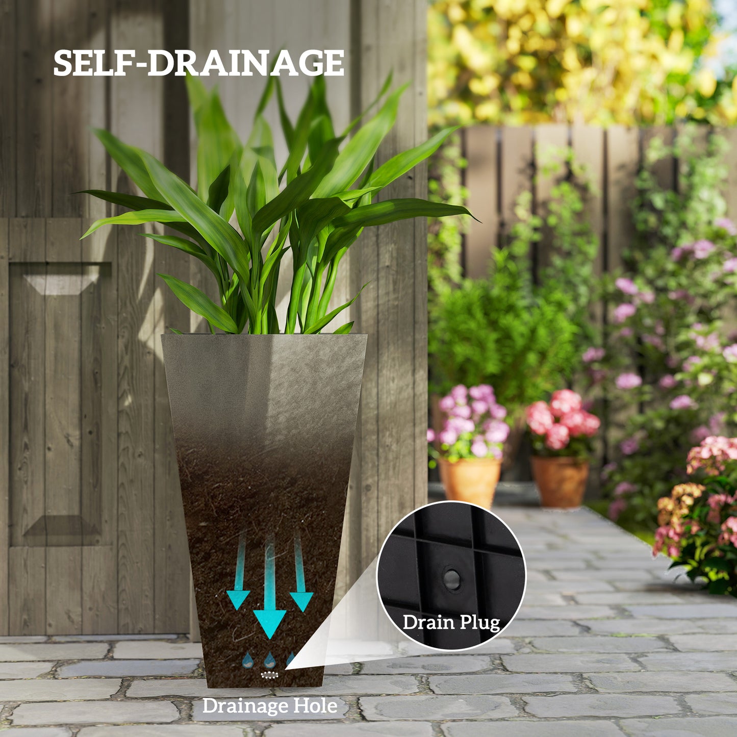 Outdoor Tall Plant Planters Set of 3 - 28 Inch Grey Tapered Pots with Drainage Holes