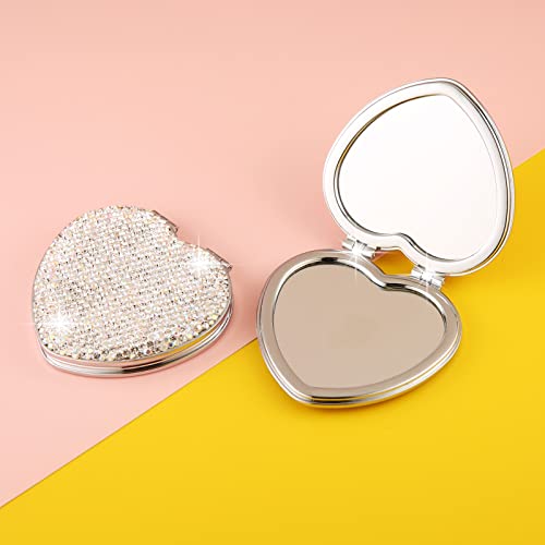 AsAlways Rhinestone Compact Pocket Mirror Portable Travel Cute Cosmetic Mirror Folding Handheld Double-Sided 1x/2x Magnifying Purse Mirror (Silver)
