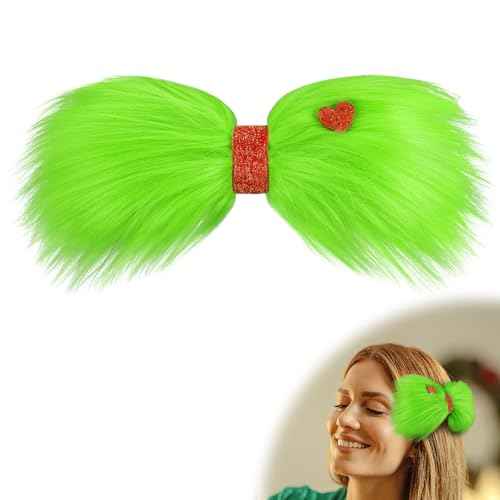 Large Green Furry Hair Bow Clip with Red Heart, 9" Christmas Hair Accessory for Women, Festive Holiday Costume Accessories for Parties, Gifts, Decorations, Props - 2.5" Alligator Clip for Secure Hold
