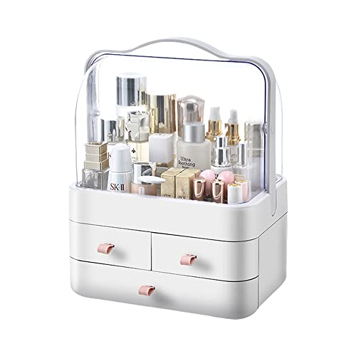 "Makeup Organizer, Dustproof Cosmetic Storage Box with Portable Handle & Fully Open Waterproof Lid for Bathroom Countertop Bedroom Dresser(White)"