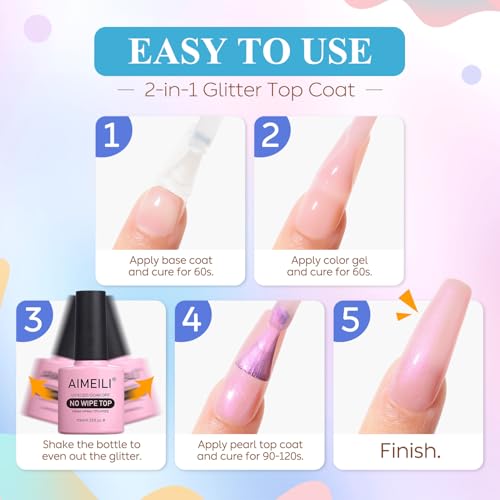 AIMEILI Gel Polish Glitter Top Coat, Hema Free, Cruelty Free, Vegan, 2 In 1 High Glossy Shiny Pearl No Wipe Top Gel for Nail Art 003