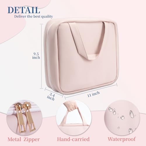 GLINT & GLIDE Travel Makeup Bag with Mirror-Hanging Toiletry Large Capacity, Organizer Toiletries Bag, Portable Cosmetic Case for Women and Girls, Pink