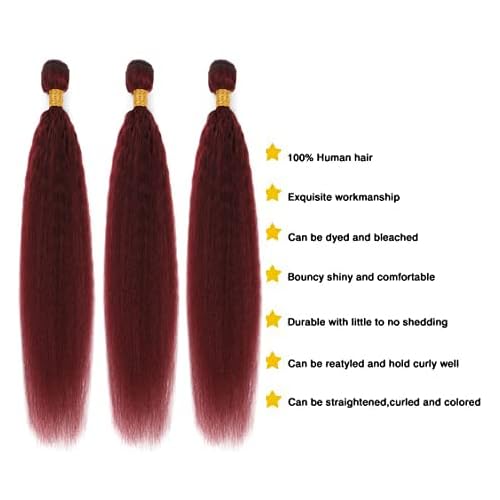 99j Brazilian Yaki Straight Human Hair 4 Bundles Yaki Human Hair Bundles 100% Virgin Kinky Straight Virgin Hair Extensions Women Girl Black Red (10 12 14)