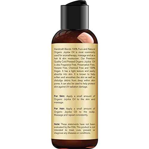 Handcraft Blends USDA Organic Jojoba Oil - Cold-Pressed 4 Fl Oz - 100% Pure and Natural - Premium Grade Carrier Oil for Skin and Hair - Hair and Body - Massage - Hexane-Free
