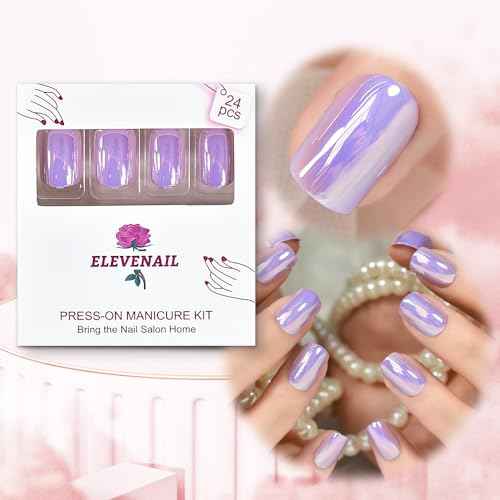Press On Nails Glossy Short Squoval Stick On Fake Nails Salon DIY Acrylic Manicure Reusable Magic Pink Purple Chrome False Acrylic Nail Art Tips