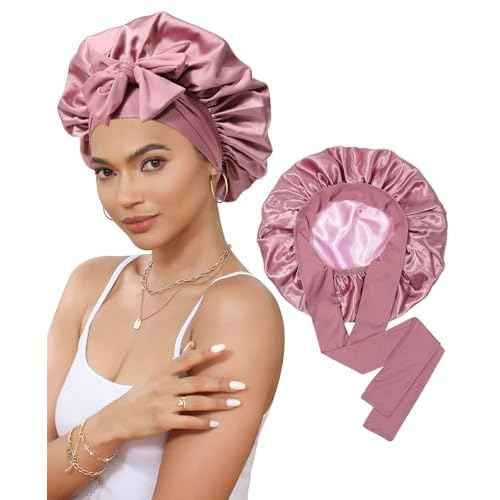 Satin Bonnet for Sleeping Cap Double Layer Hair Bonnet with Elastic Tie Band for Curly Hair Night Cap (Bean Paste + Pink)