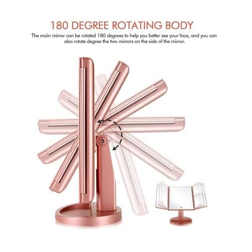 Trifold Makeup Mirror Vanity Mirror with Lights,1X 2X 3X Magnification,Touch Screen,180 Adjustable Rotation,Portable Travel Bathroom Cosmetic Mirror