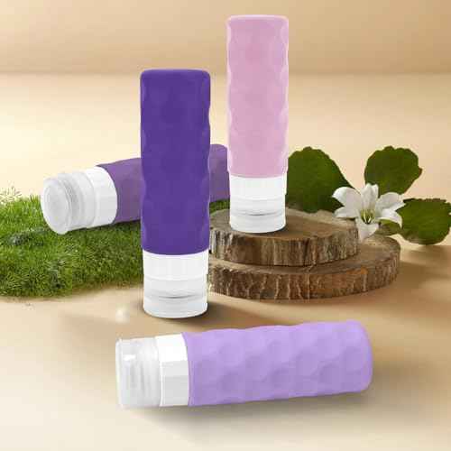 Travel Bottles for Toiletries, 4pcs Tsa Approved 3oz Travel Size Containers, BPA Free Leak Proof Premium Silicone Bottles, Refillable Liquid Squeezable Accessories W/Toiletry Bag(Purple)