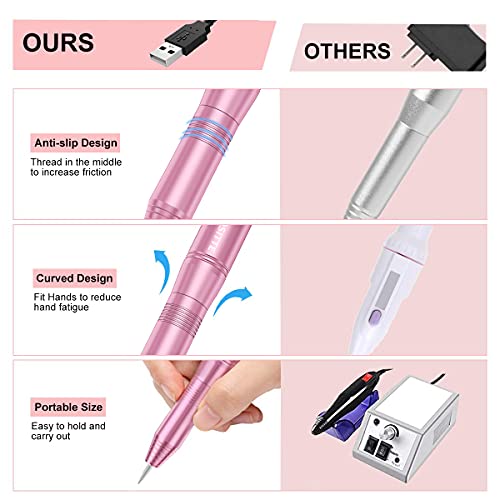 Electric Nail Drill,USB Electric Nail Drill Machine for Acrylic Nail Kit,Portable Electric Nail File Polishing Tool Manicure Pedicure Kit Efile Nail Supplies for Home Salon,Pink