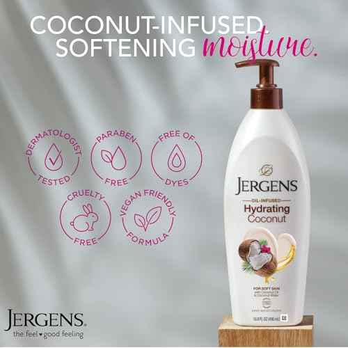 Jergens Hydrating Coconut Body Lotion, Hand and Body Moisturizer, Infused with Coconut Oil, Hydrates Dry Skin Instantly, Dermatologist Tested, 16.8 oz