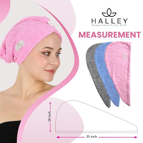 HALLEY Cotton Hair Towel Wrap (3 Packs) Super Absorbent Fast Drying Hair Towel for Thick Hair Turbans for Wet Hair with Button (Pink, Blue, Grey)