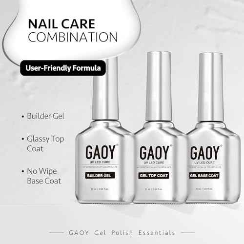 GAOY Gel Top Coat, Builder Gel and Base Coat Set, 3 Pcs 16ml Clear Glossy No Wipe Combination for UV Light Cure