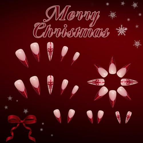 Christmas Nail press ons Red Fake Nails Long Stiletto False Nail with Bow Design Glitter Glue on Nails Artificial Acrylic Full Cover Stick on Nail for Women Girls Xmas Manicure 24Pcs