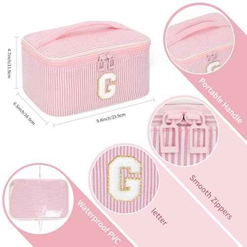 OCHEAL Makeup Bag for Women, Monogram Cosmetic Bag with Brush Holder, Pink Travel Makeup Case Beauty Toiletry Bag Organizer Personalized Gifts for Girls Bridesmaid, Sister, Wife, Friends Initial G