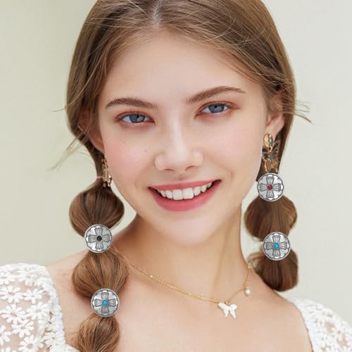 6 PCS Metal Western Style Ponytail Holders Boho Hair Ties Vintage Turquoise Hair Ropes Cross Circular Hair Ropes Heart Hair Ropes Style Ponytail Holders Silver Hair Bands for Women Girls