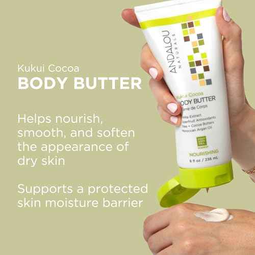 Andalou Naturals Body Butter, Kukui Cocoa Nourishing Body Cream, 8 Oz, Shea Butter, Cocoa Butter & Argan Oil for Dry Skin, Vegan