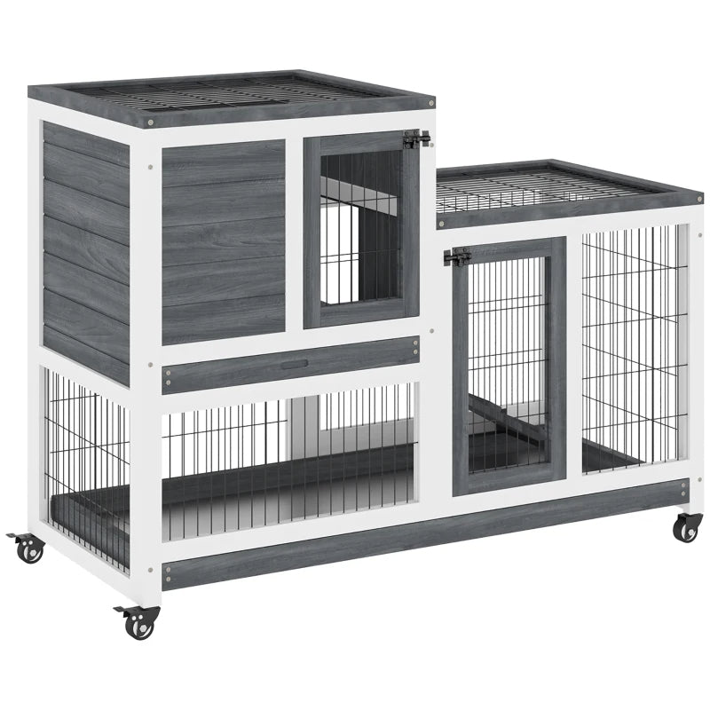Wooden Rabbit Hutch with Enclosed Run & Wheels - Indoor Small Animal Cage
