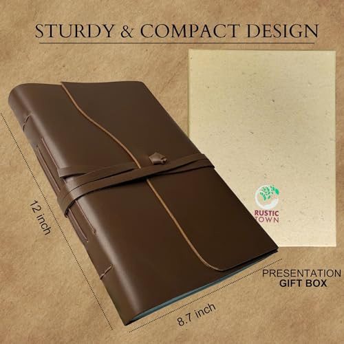 Rustic Town Full Grain Leather Photo Album with Gift Box - Scrapbook Style Pages (Large, Brown)