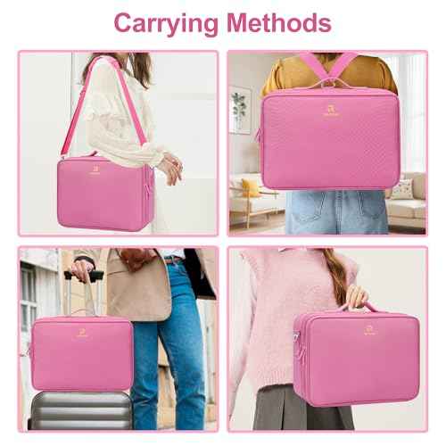 Relavel Makeup Case Large Makeup Bag Professional Train Case Travel Cosmetic Organizer Brush Holder Waterproof Makeup Artist Storage Box, 3 Layer Large Capacity, with Adjustable Strap, Rose Pink