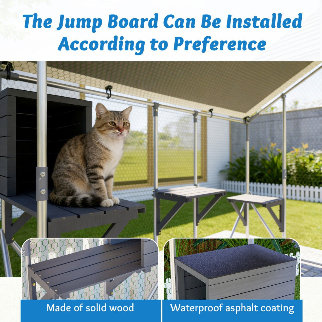 Outdoor Metal Cat Cage 3x2m with Solid Wood Platform Waterproof Tarp Safety Lock