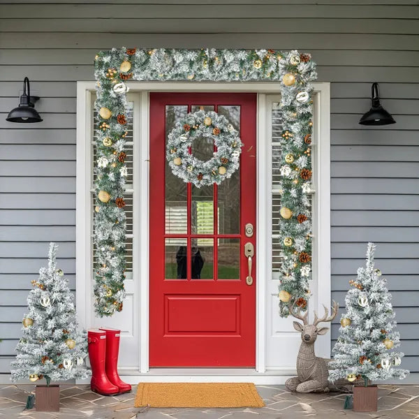 Pre-lit Christmas Decor Set - Garland, Wreath & 2 Trees with LED Lights