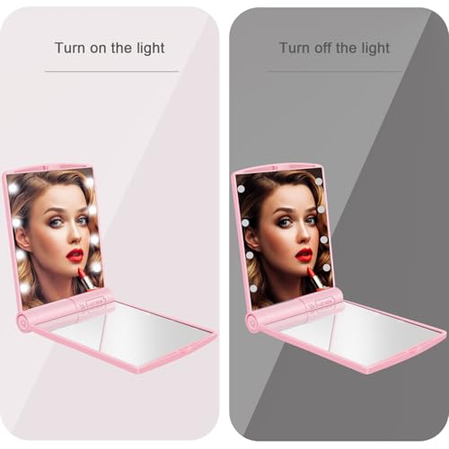 YUNYILAN Compact Makeup Mirror, LED Lighted Makeup Mirror, Handheld & Portable for Travel & On The go (Pink-B)