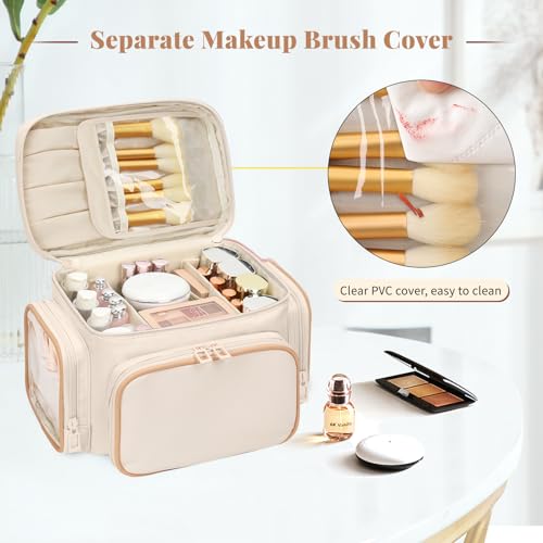 Large Makeup Bag, Portable Travel Makeup Bag Organizer for Women Girls with Makeup Brush Compartment & Two Side Pockets, Cosmetic Travel Bag Vertical Storage Toiletry - White