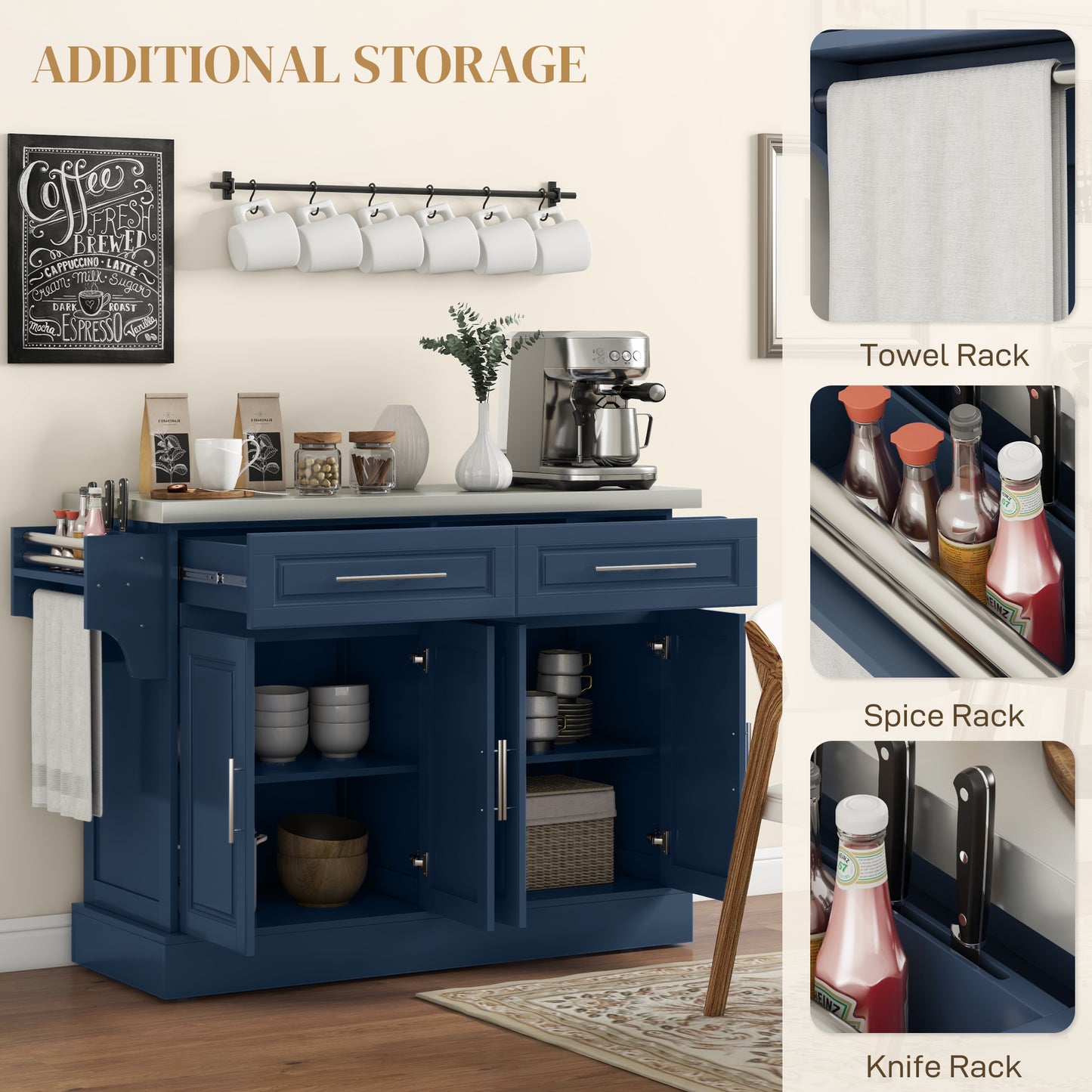 Rolling Kitchen Island with Stainless Steel Top & Drawers - Navy Blue