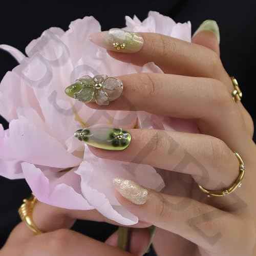 30Pcs Green Press on Nails Butterfly with Gold Vine Designs 3D Floral Fake Nails Medium Almond False Nails Flower Stick On Nails Handmade Spring Nail Art for Holiday, Vacation, Gift, Nail Kit